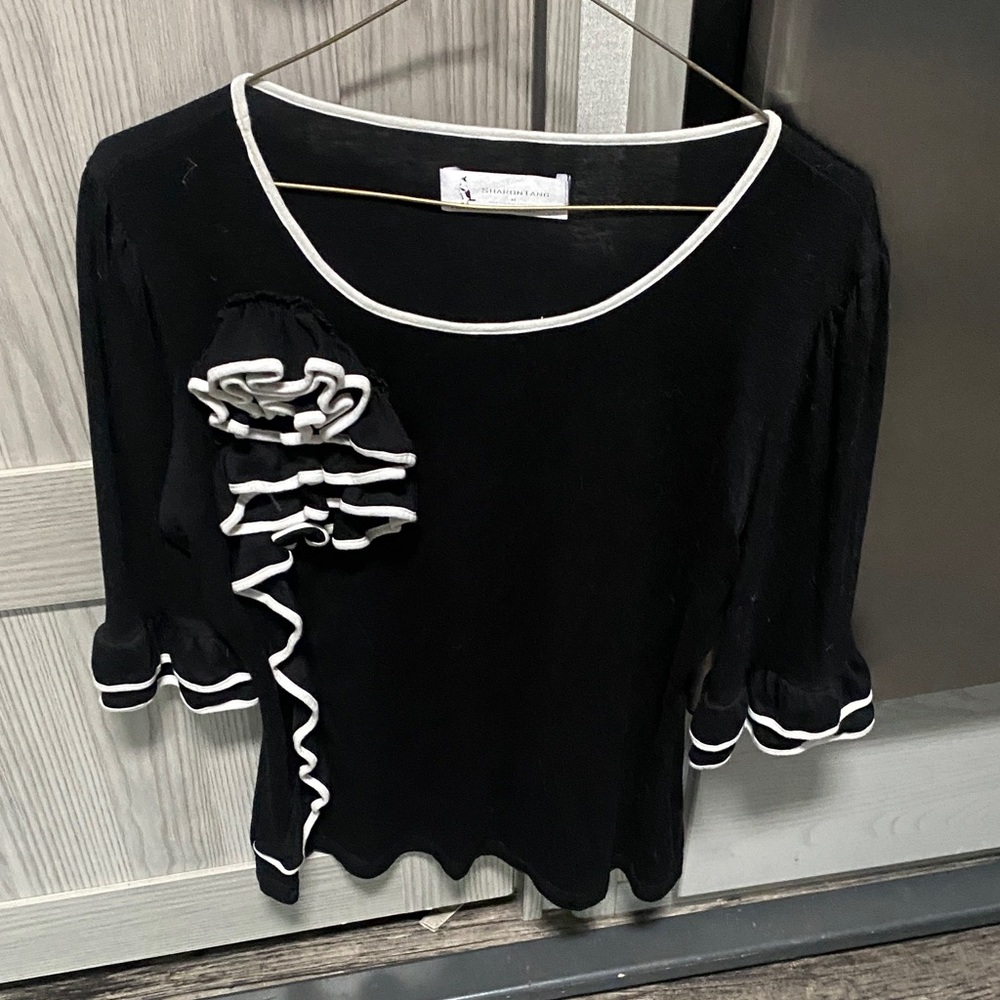 Chaus Black Blouse with White Ruffle Accents